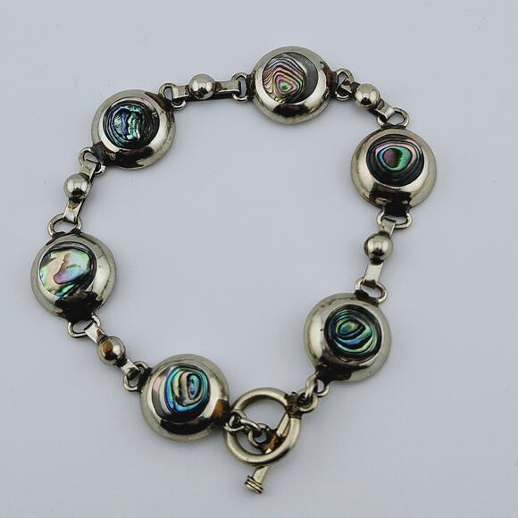 Abalone Shell Link Mexico Alpaca Silver Tone Bracelet Stackable Everyday Coastal - Picture 4 of 5